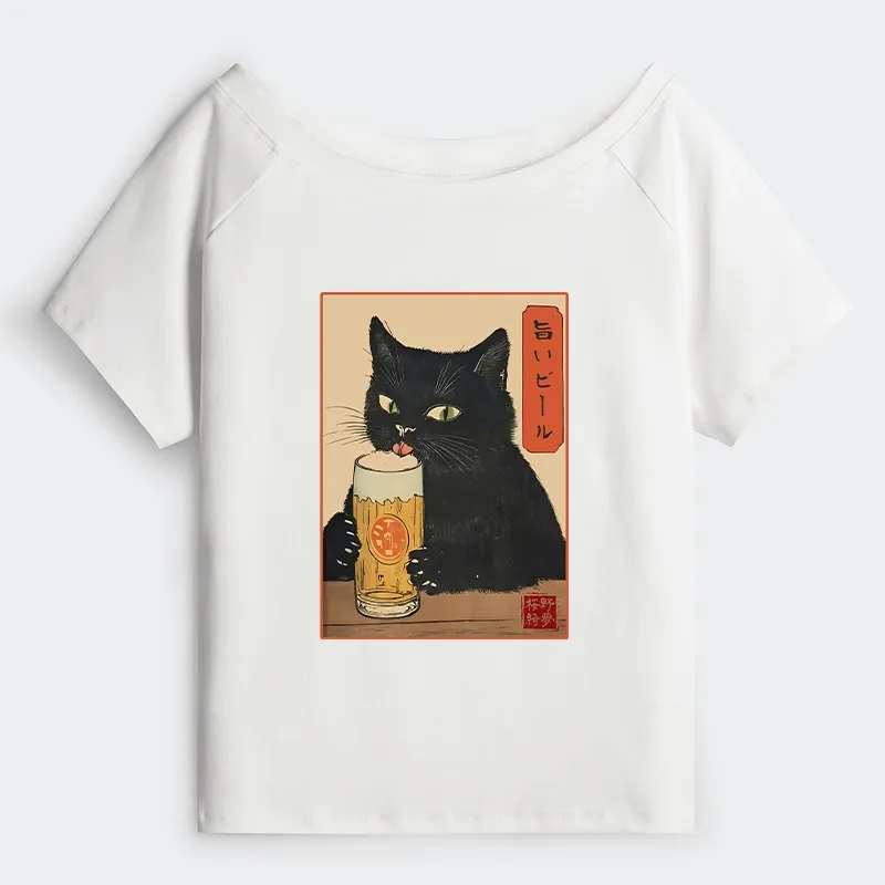 Tokyo-Tiger Cat Holding A Glass Of Beer Off Shoulder T-Shirt