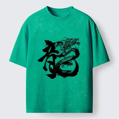 Tokyo-Tiger Ink Dragon Kanji Traditional Art Washed T-Shirt