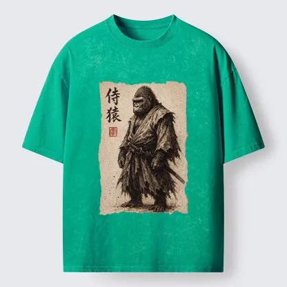 Tokyo-Tiger Samurai Gorilla Vintage Scroll Art Washed T-Shirt