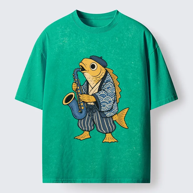 Tokyo-Tiger Jazz Sax Fish Vintage Japanese Ukiyo Art Washed T-Shirt