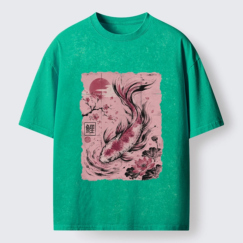 Tokyo-Tiger Sakura Lotus Koi Old Scroll Asian Tee Washed T-Shirt