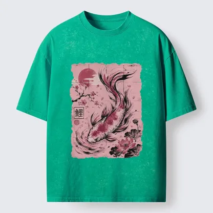 Tokyo-Tiger Sakura Lotus Koi Old Scroll Asian Tee Washed T-Shirt