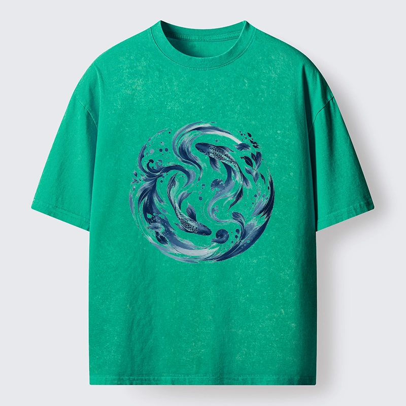 Tokyo-Tiger Monochrome Blue Yin Yang Fish Tee Washed T-Shirt