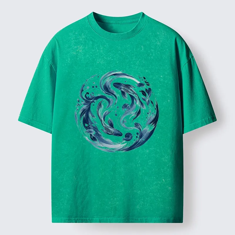Tokyo-Tiger Monochrome Blue Yin Yang Fish Tee Washed T-Shirt