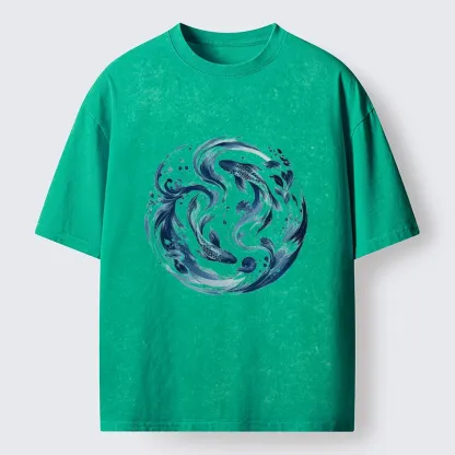 Tokyo-Tiger Monochrome Blue Yin Yang Fish Tee Washed T-Shirt