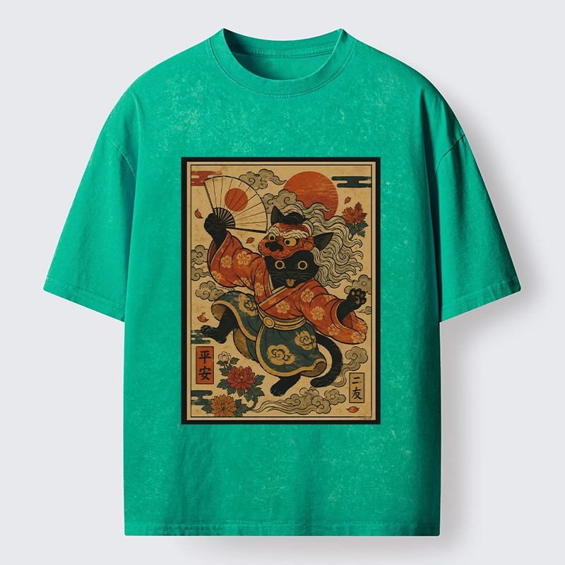 Tokyo-Tiger Kimono Cat Fan Peony Lucky Peace Print Washed T-Shirt