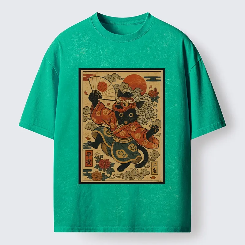 Tokyo-Tiger Kimono Cat Fan Peony Lucky Peace Print Washed T-Shirt