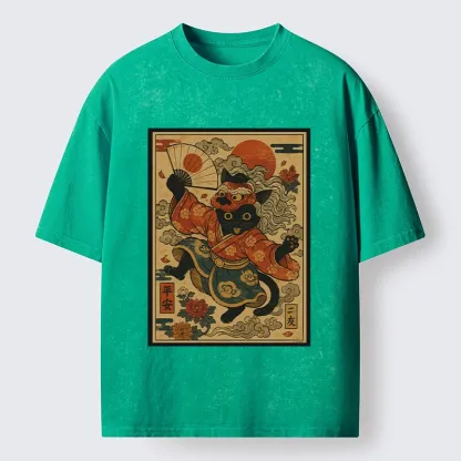 Tokyo-Tiger Kimono Cat Fan Peony Lucky Peace Print Washed T-Shirt