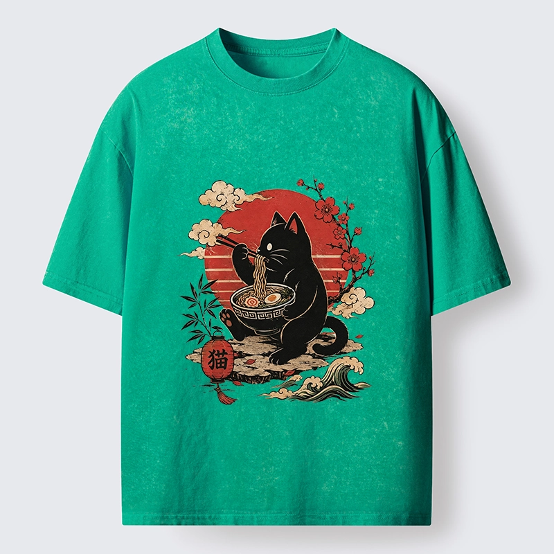 Tokyo-Tiger Black Cat Eating Ramen Cherry Blossom Art Washed T-Shirt