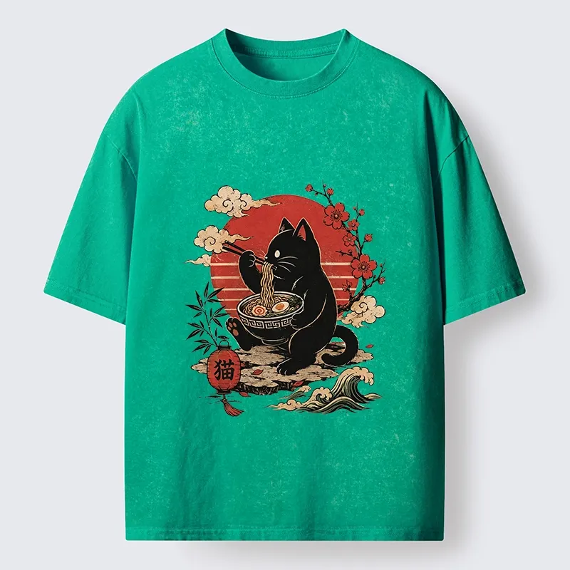 Tokyo-Tiger Black Cat Eating Ramen Cherry Blossom Art Washed T-Shirt