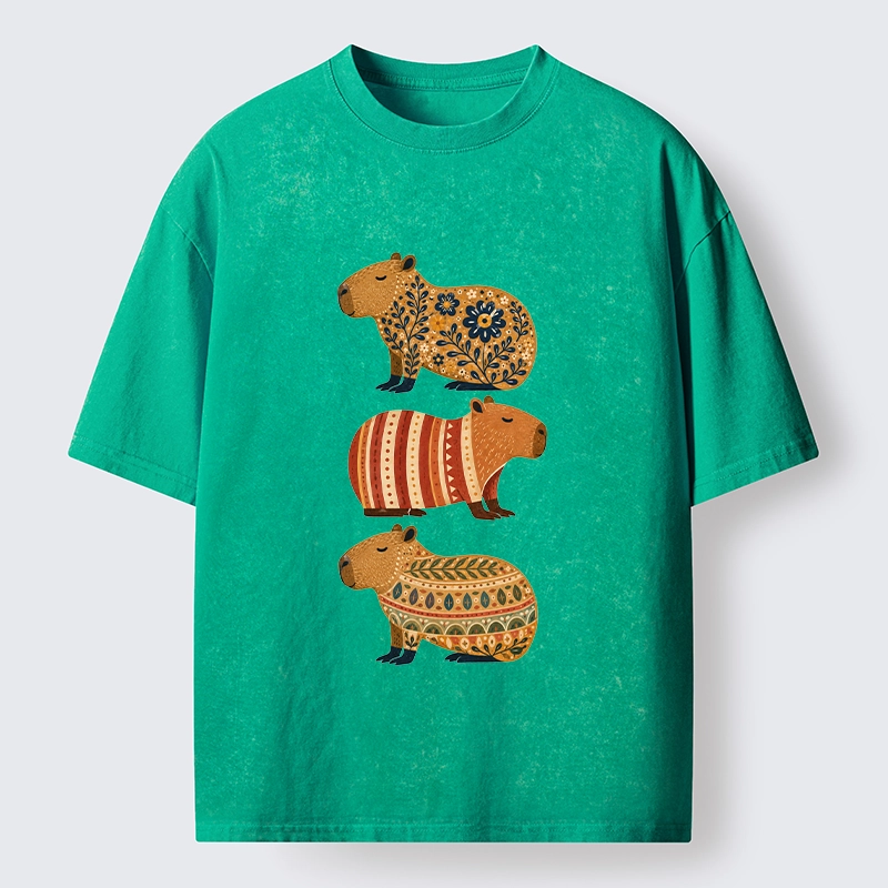 Tokyo-Tiger Folk Floral Striped Capybara Trio Print Washed T-Shirt