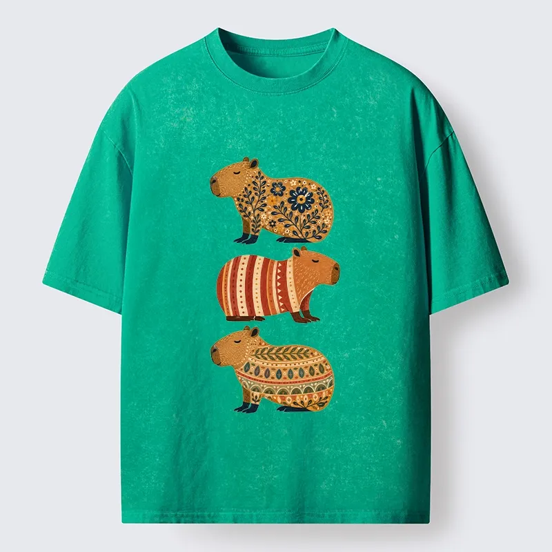 Tokyo-Tiger Folk Floral Striped Capybara Trio Print Washed T-Shirt