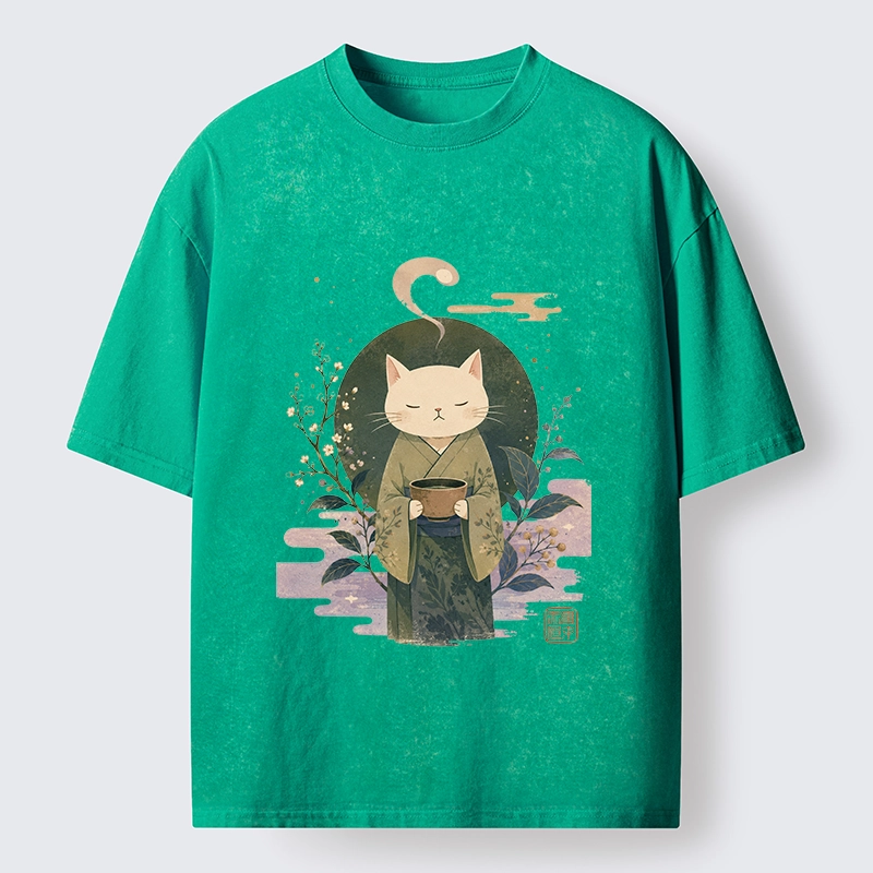 Tokyo-Tiger Soft Green Zen Cat Tea Blossom Stamp Art Washed T-Shirt