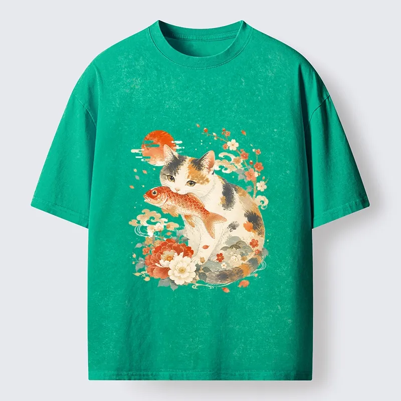 Tokyo-Tiger Traditional Japanese Cat Koi Bloom Art Washed T-Shirt