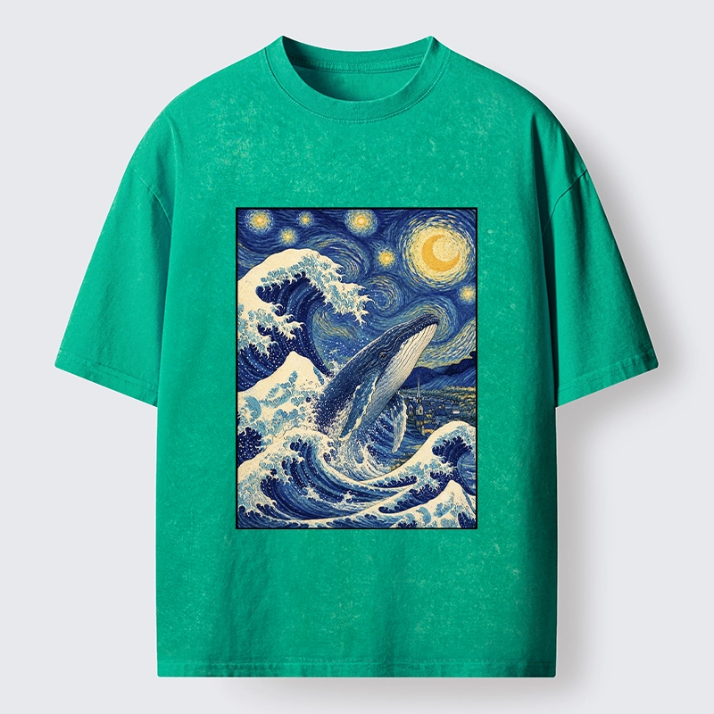 Tokyo-Tiger Starry Wave Whale Classic Art Mix Washed T-Shirt