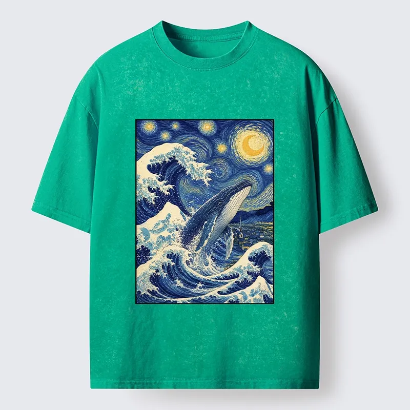 Tokyo-Tiger Starry Wave Whale Classic Art Mix Washed T-Shirt Sale