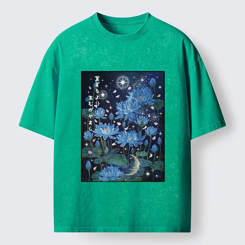 Tokyo-Tiger Night Lotus Star Soft Zen Graphic Washed T-Shirt Sale