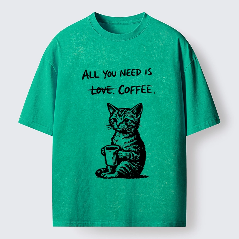 Tokyo-Tiger Cute Cat Coffee Daily Happy Vibe Washed T-Shirt Sale