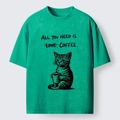 Tokyo-Tiger Cute Cat Coffee Daily Happy Vibe Washed T-Shirt