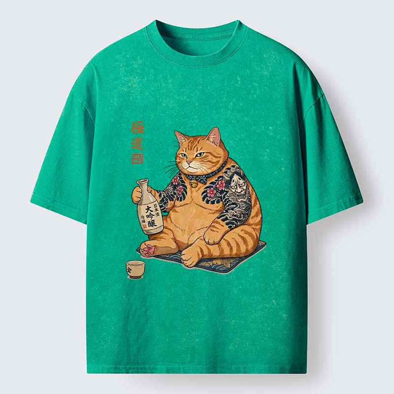 Tokyo-Tiger Traditional Japanese Cat Sake Tee Washed T-Shirt