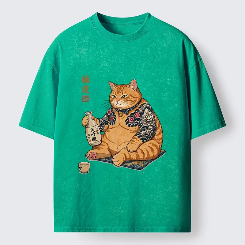 Tokyo-Tiger Traditional Japanese Cat Sake Tee Washed T-Shirt