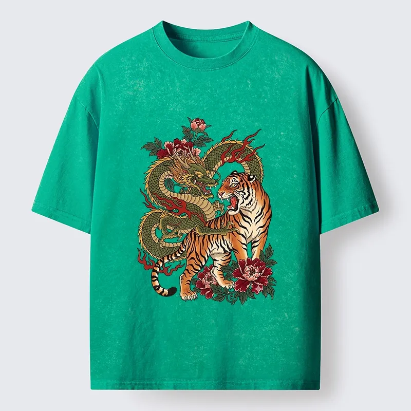 Tokyo-Tiger Vintage Asian Dragon Tiger Floral Vibe Washed T-Shirt Sale
