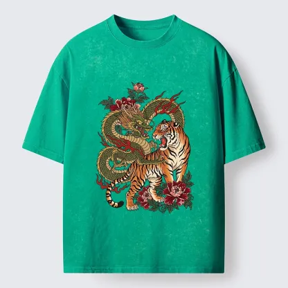 Tokyo-Tiger Vintage Asian Dragon Tiger Floral Vibe Washed T-Shirt