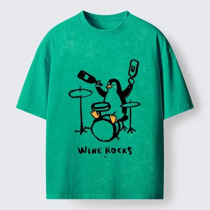 Tokyo-Tiger Cute Penguin Play Drum Drink Wine Print Washed T-Shirt
