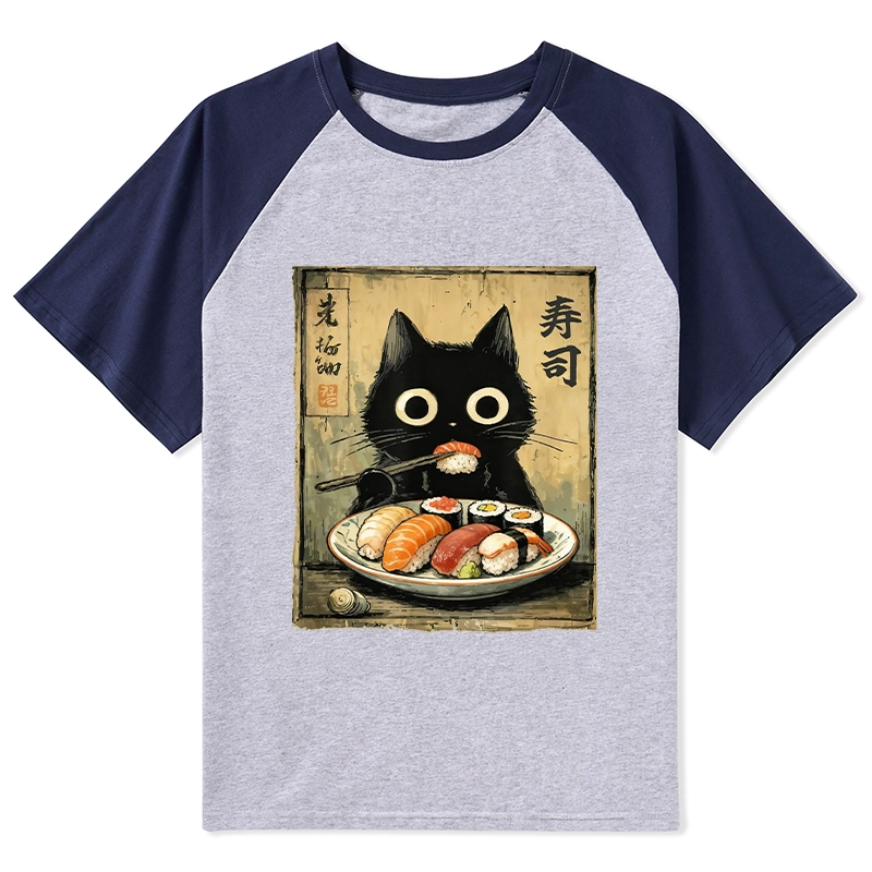 Tokyo-Tiger Vintage Japanese Sushi Cat Raglan T-shirt