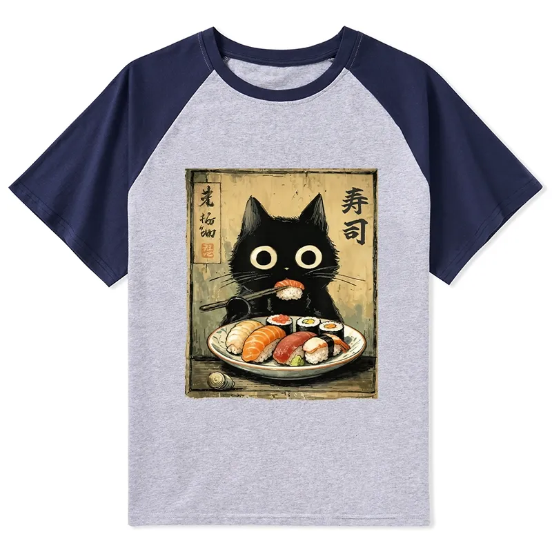 Tokyo-Tiger Vintage Japanese Sushi Cat Raglan T-shirt