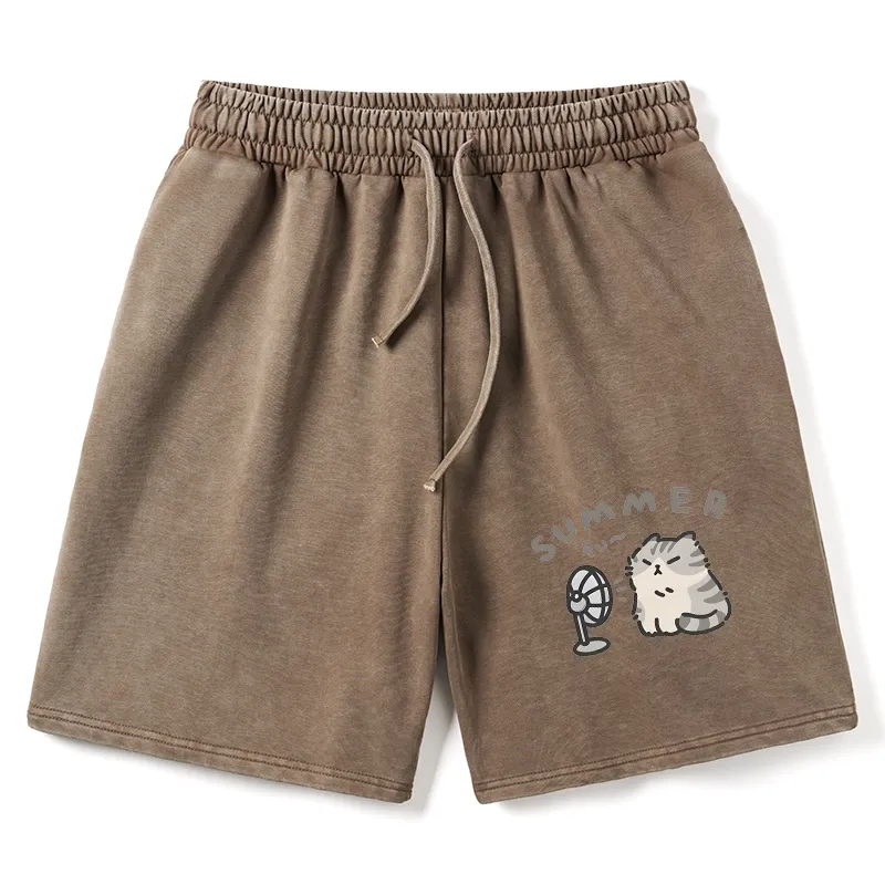 Tokyo-Tiger Summer Cat Chills With A Fan Washed Shorts