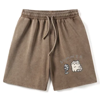 Tokyo-Tiger Summer Cat Chills With A Fan Washed Shorts