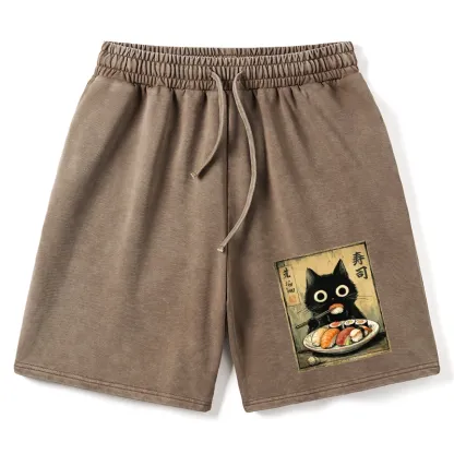 Tokyo-Tiger Vintage Japanese Sushi Cat Washed Shorts