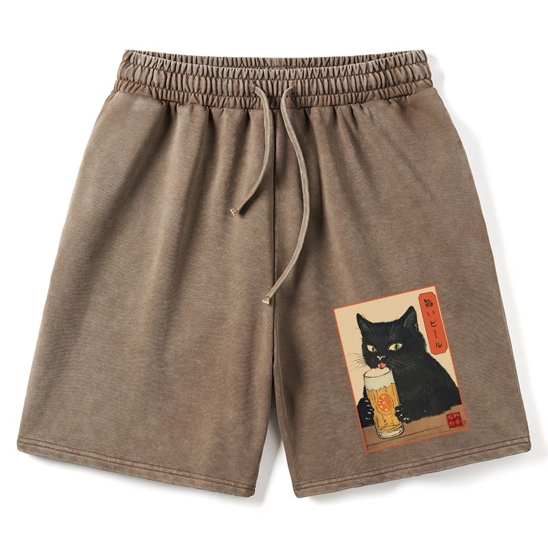 Tokyo-Tiger Cat Holding A Glass Of Beer Washed Shorts