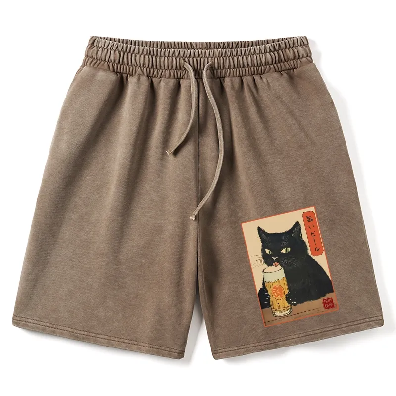 Tokyo-Tiger Cat Holding A Glass Of Beer Washed Shorts