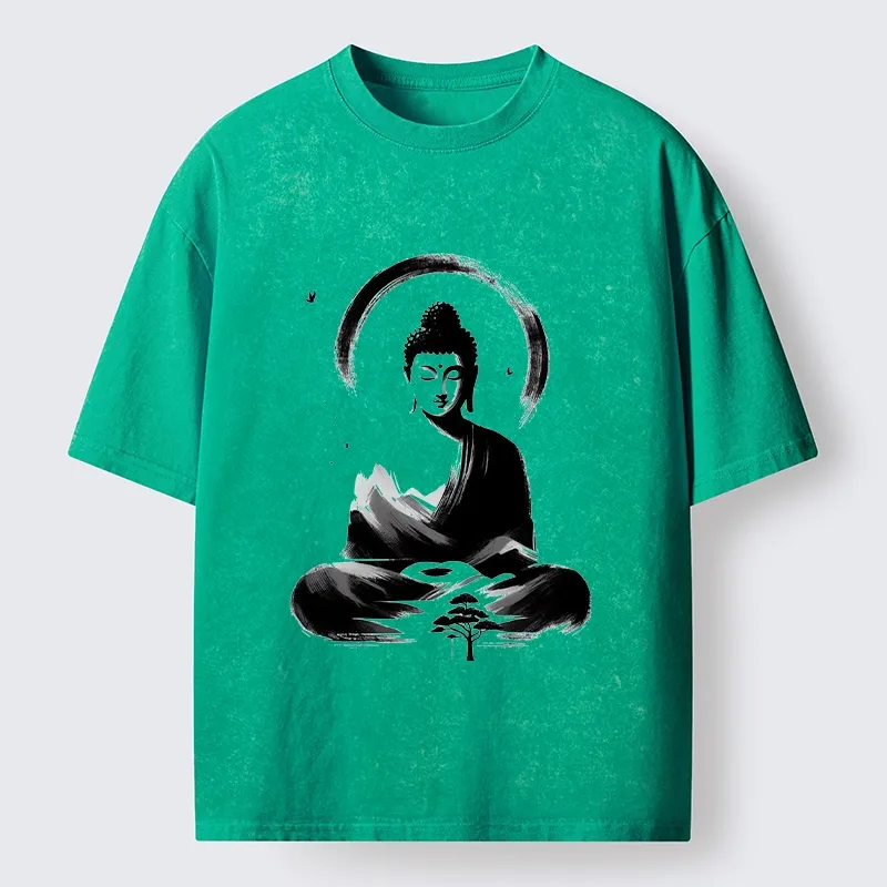Tokyo-Tiger Serene Mountain Buddha Zen Art Washed T-Shirt