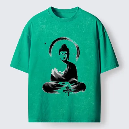 Tokyo-Tiger Serene Mountain Buddha Zen Art Washed T-Shirt