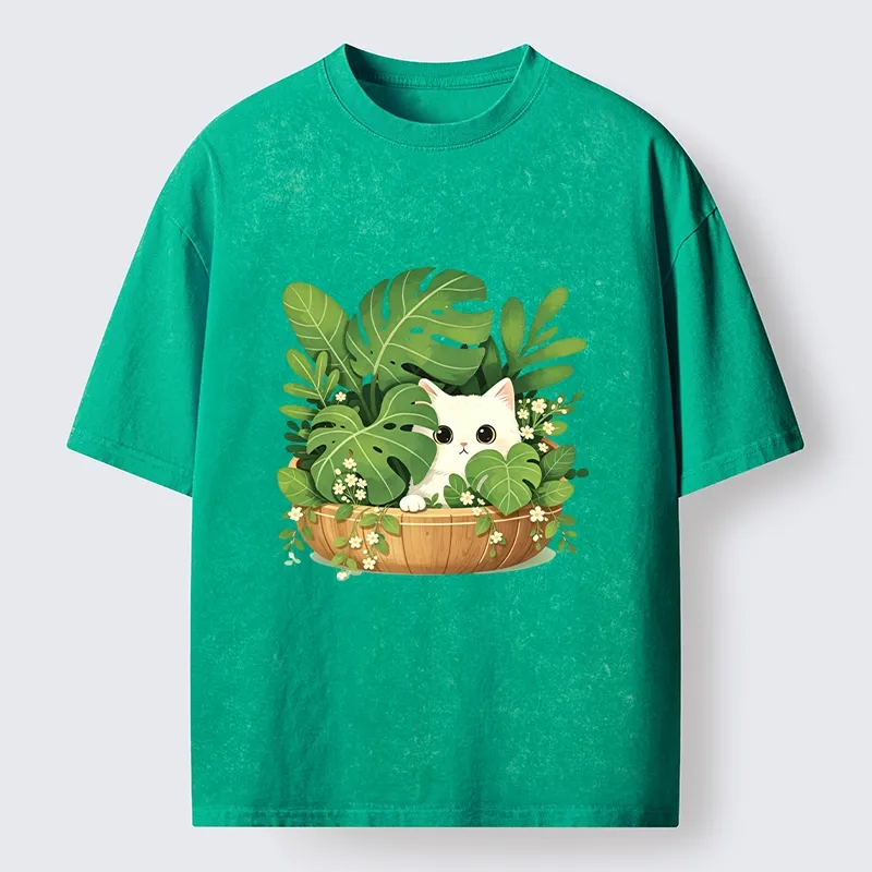 Tokyo-Tiger Sweet White Cat Green Plant Vibe Washed T-Shirt