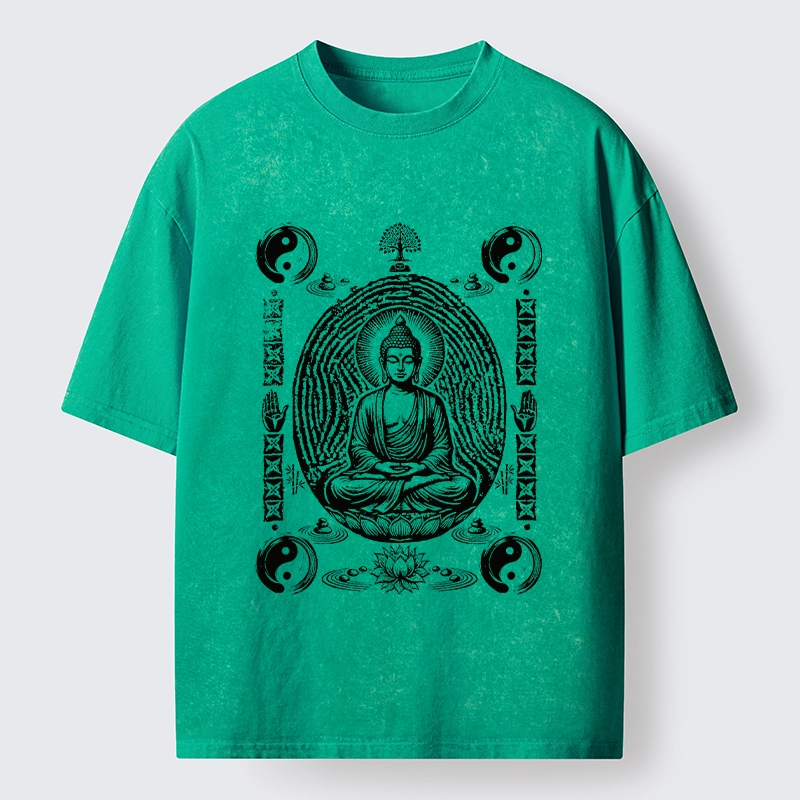 Tokyo-Tiger Minimal Spiritual Buddha Ink Art Washed T-Shirt