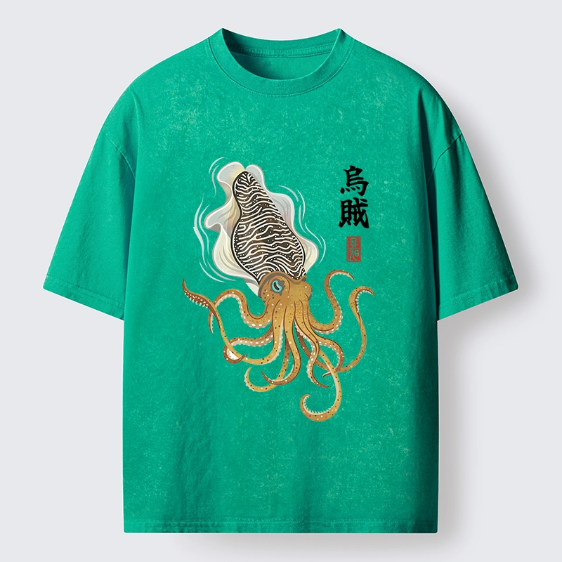 Tokyo-Tiger Ink Style Cuttlefish Japan Art Washed T-Shirt