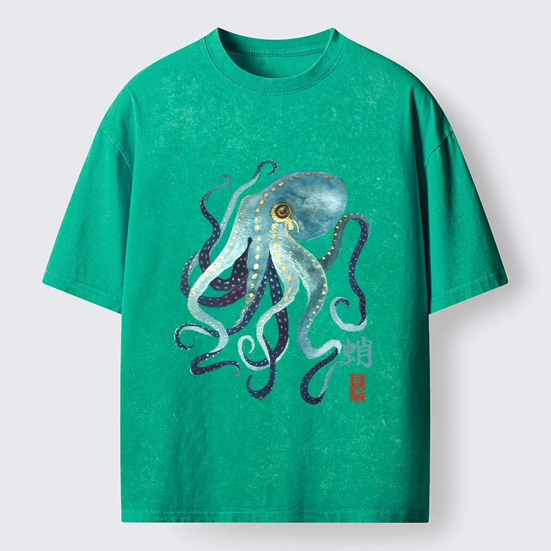 Tokyo-Tiger Soft Watercolor Octopus Japanese Art Washed T-Shirt