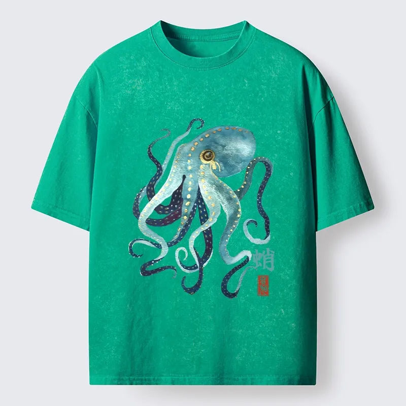Tokyo-Tiger Soft Watercolor Octopus Japanese Art Washed T-Shirt Sale