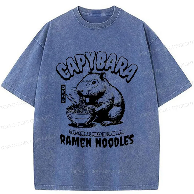 Tokyo-Tiger Retro Capybara Eating Ramen Washed T-Shirt