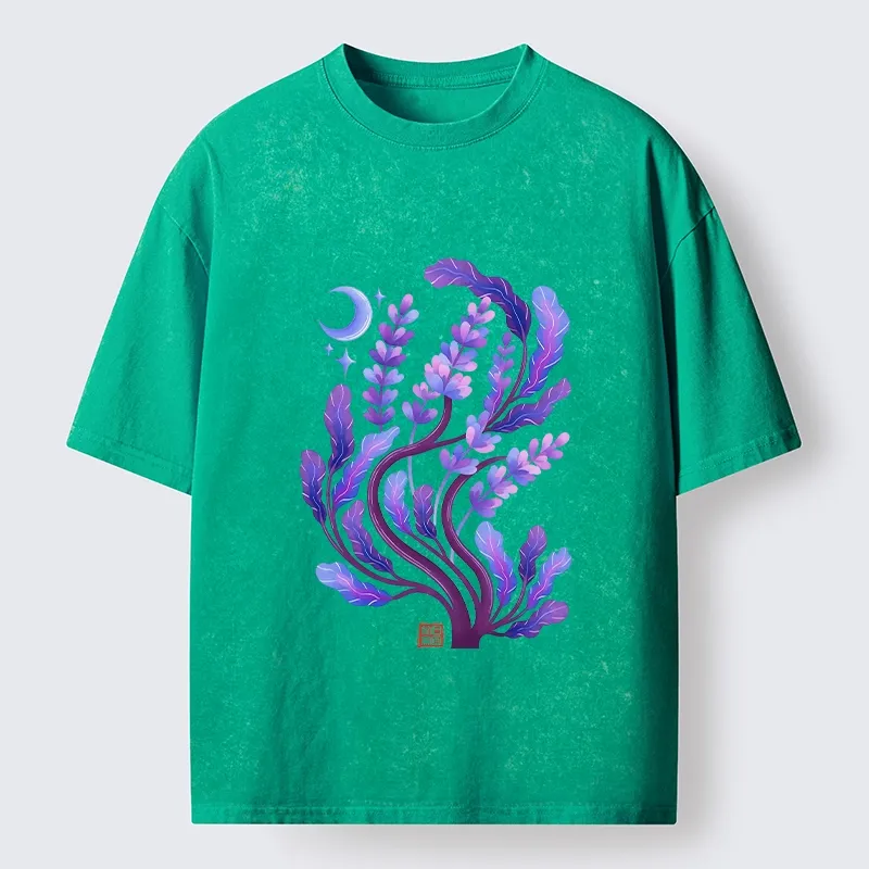 Tokyo-Tiger Peaceful Purple Floral Night Art Washed T-Shirt