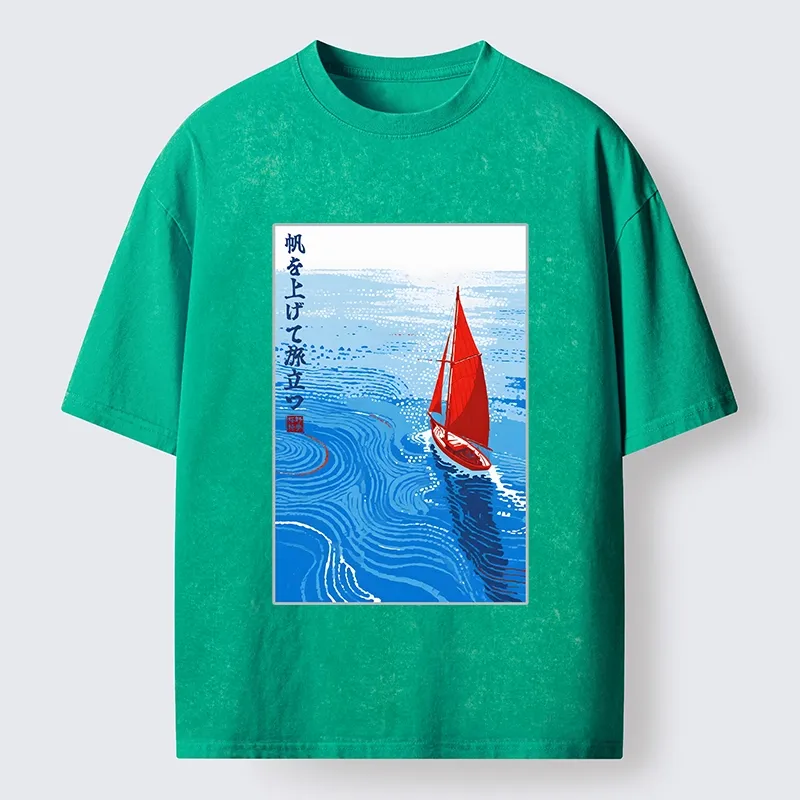 Tokyo-Tiger Bright Blue Sea Sail Journey Art Washed T-Shirt