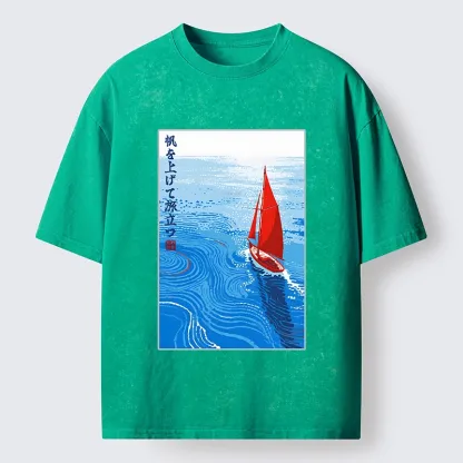 Tokyo-Tiger Bright Blue Sea Sail Journey Art Washed T-Shirt