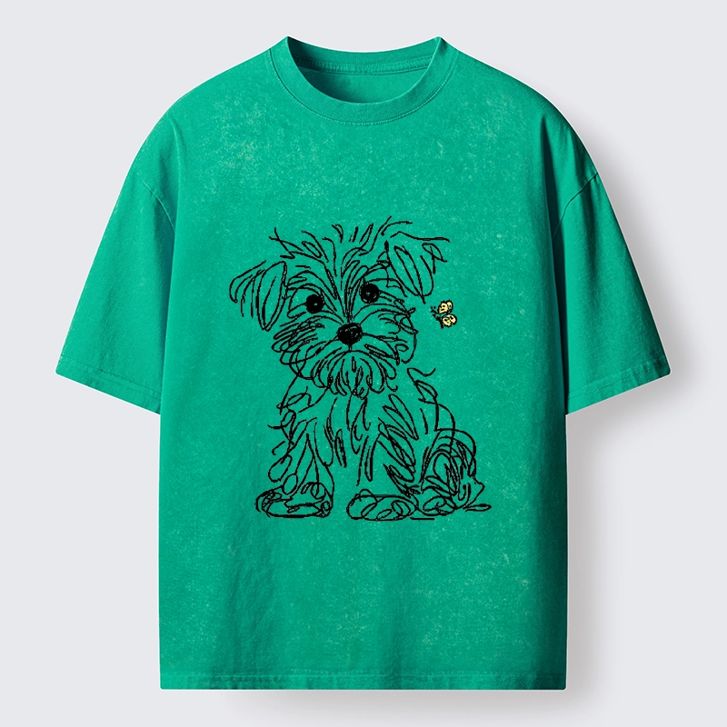 Tokyo-Tiger Simple Line Dog Tiny Butterfly Washed T-Shirt