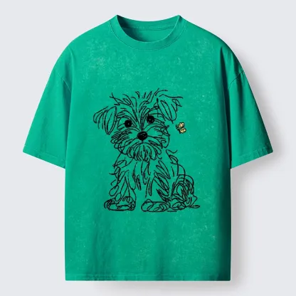Tokyo-Tiger Simple Line Dog Tiny Butterfly Washed T-Shirt