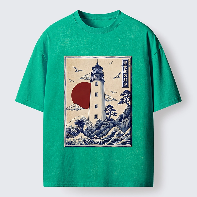 Tokyo-Tiger Classic Wave Lighthouse Sunrise Print Washed T-Shirt