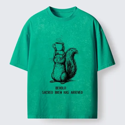 Tokyo-Tiger Squirrel Hold Sacred Coffee Meme Washed T-Shirt
